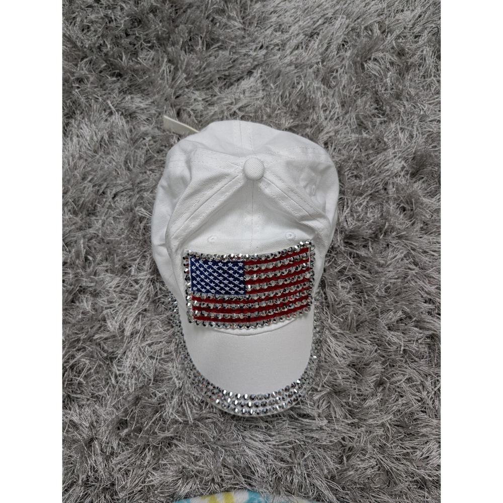 USA Flag Rhinestone Studded White Baseball Cap‎ Adjustable Hat Patriotic Bling